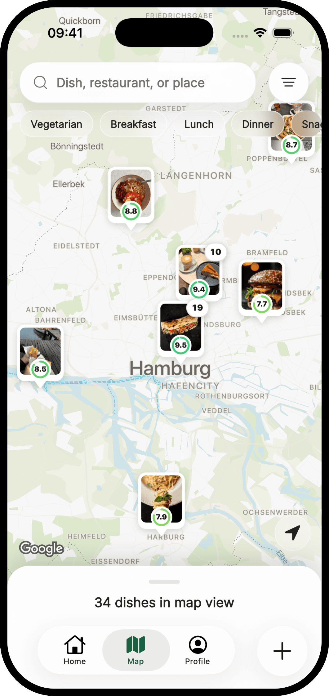 Favy map with favorite dishes around Hamburg