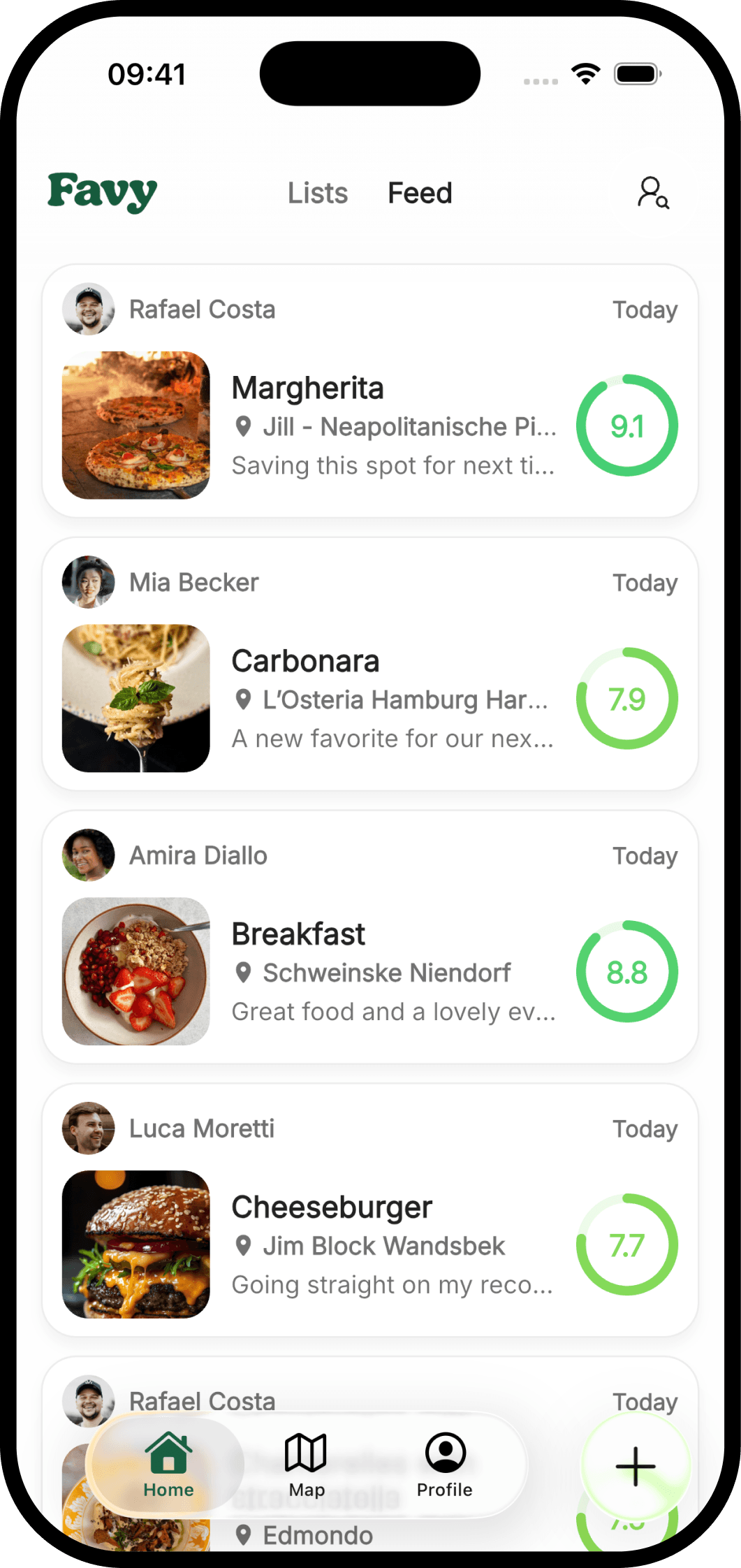 Food recommendations from friends in the Favy feed