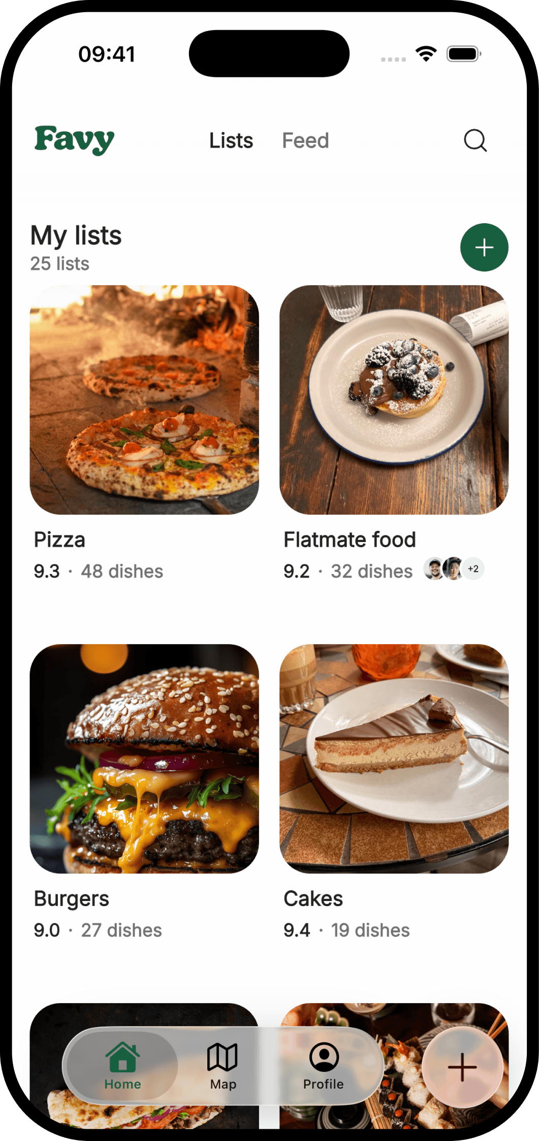 Favy lists for pizza, burgers, cakes, and shared favorites