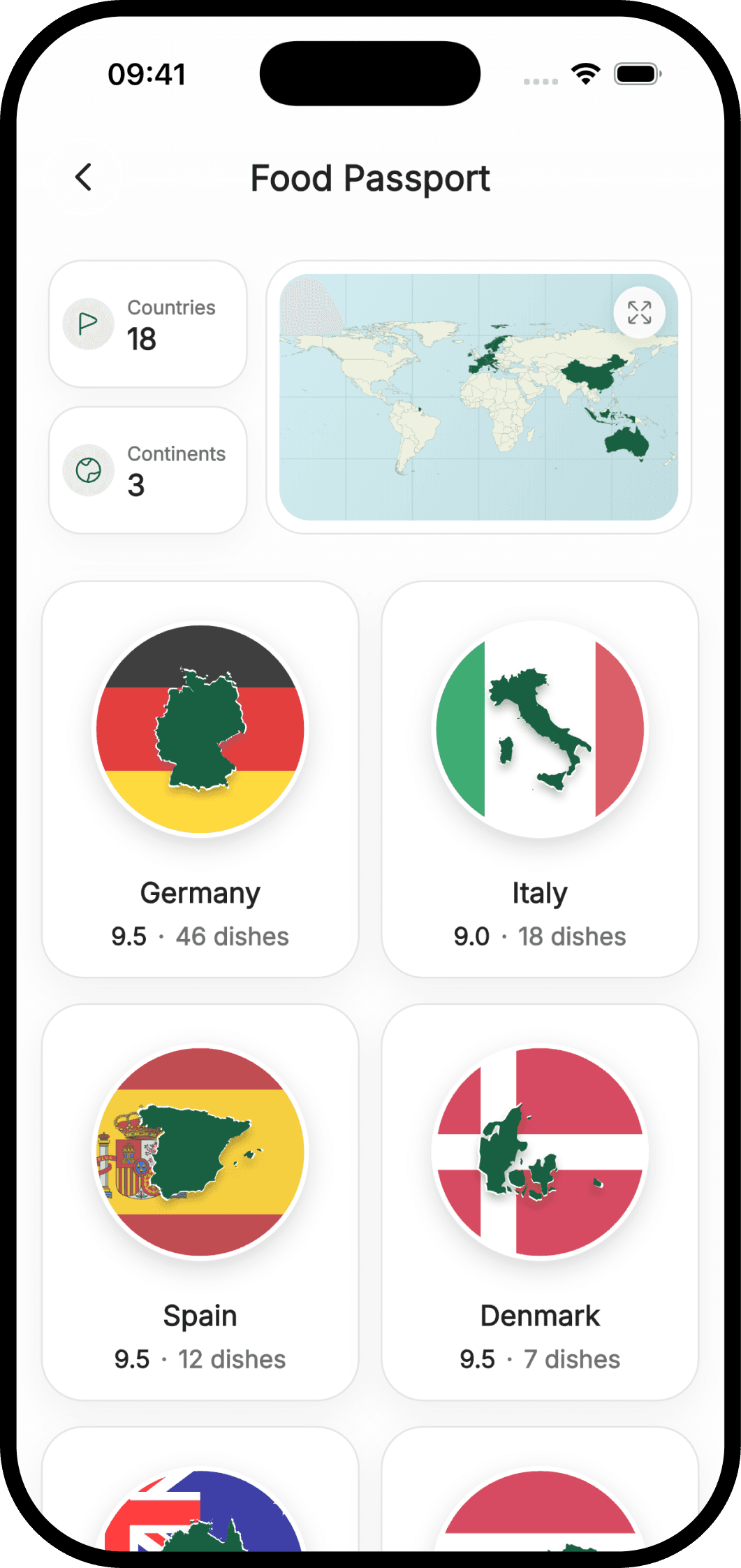 Food Passport with country stamps and food travel statistics