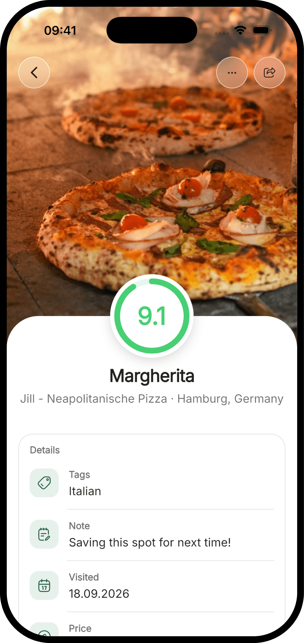 Margherita pizza with a 9.1 rating, photo, tags, and a personal note