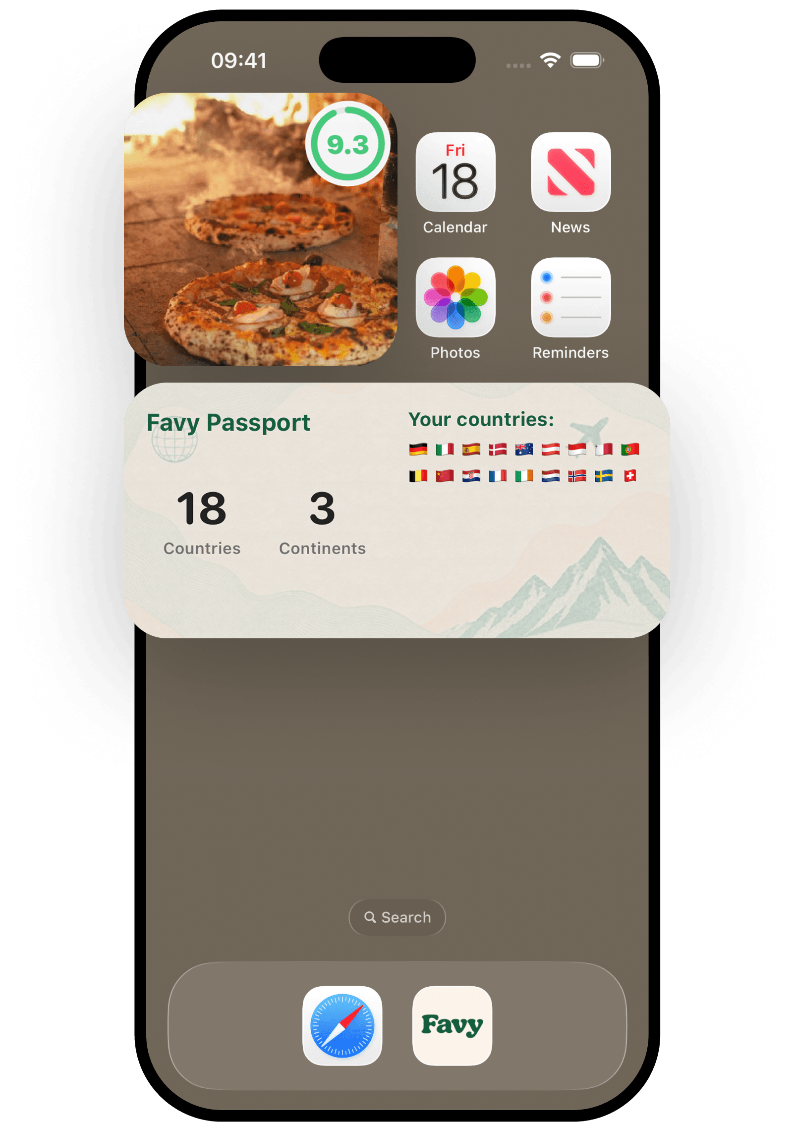 Favy dish and Food Passport widgets on an iPhone home screen
