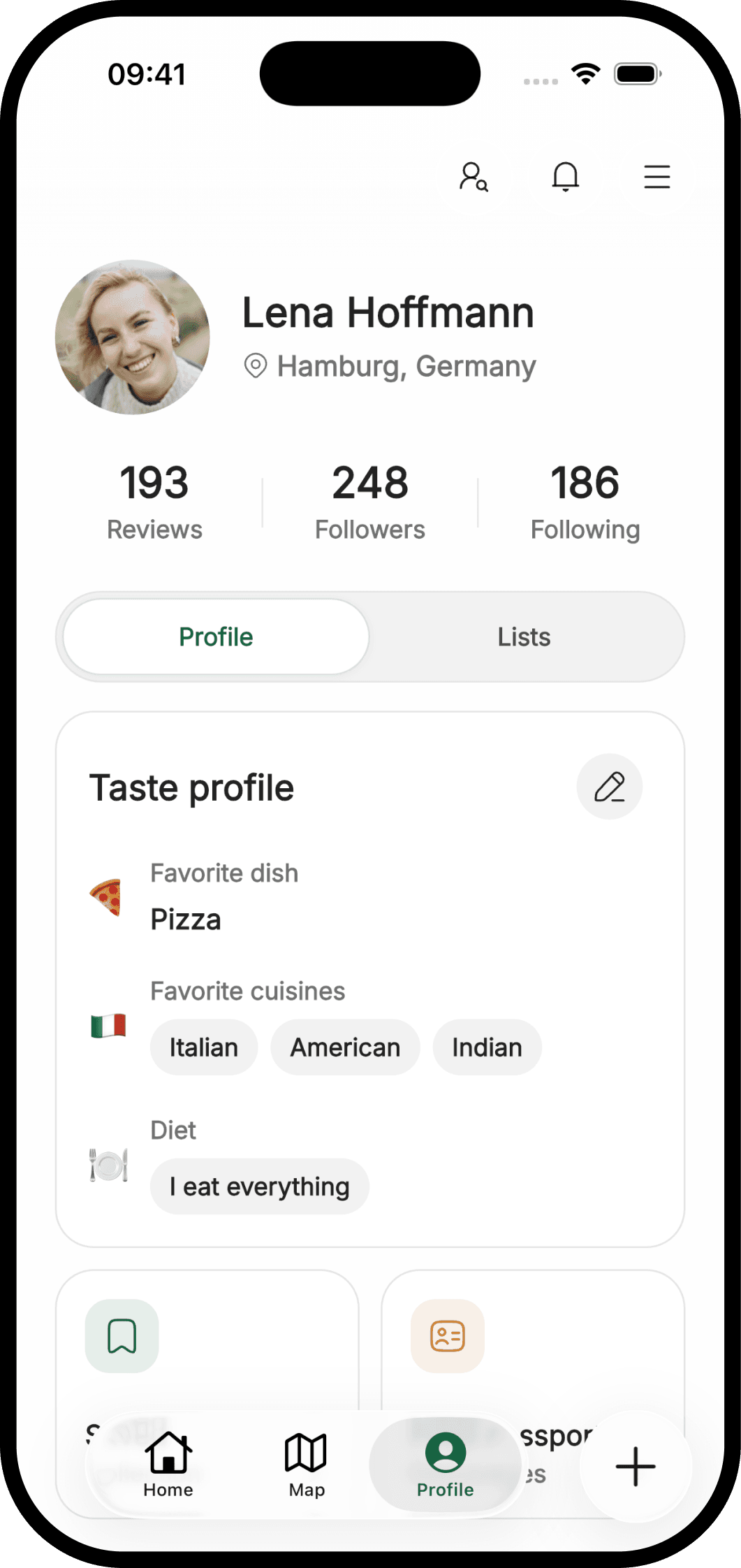 Favy profile with favorite dishes, cuisines, and personal food preferences